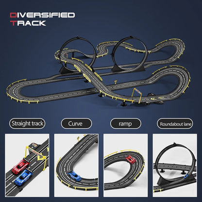 Electric Powered Slot Car Racing Kids Toy Race Track Set Includes 2 Hand Controllers Featuring 1:43 Scale