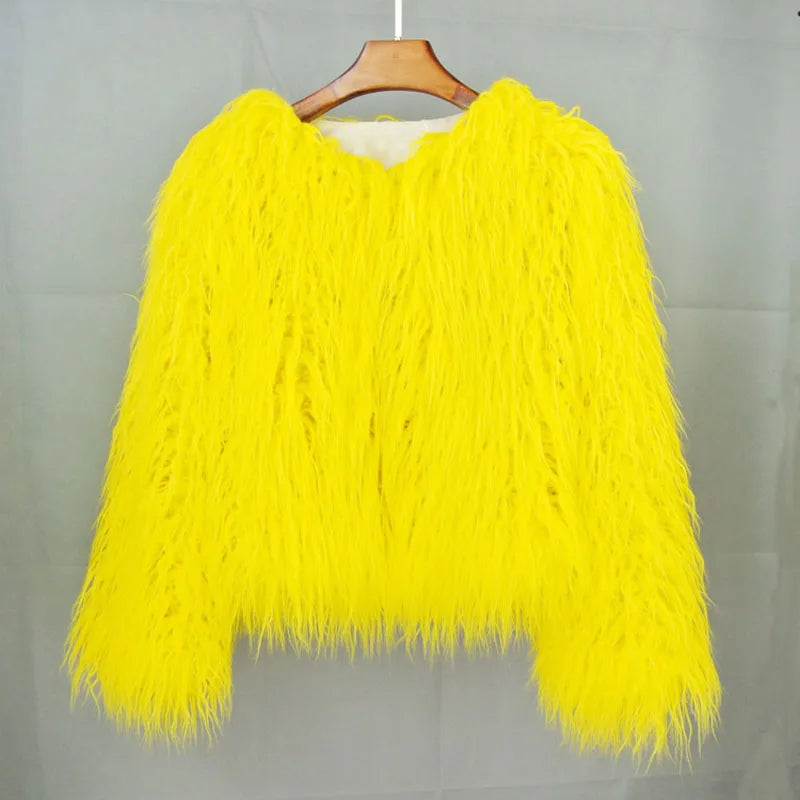 Women's Fur Coat Colorful Furry Pink Lamb Wool Faux Fur Coat Female Shaggy Sheepskin Coat Winter Artificial Fur Jacket