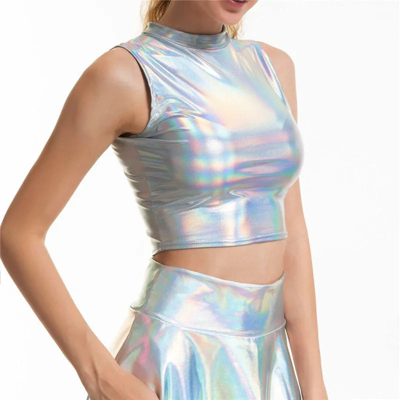 Bling Silver Holographic Women Strapless Tops Mini Skirts Two Piece Set Turtleneck Top Sexy Skirt 2 Pcs Set Summer Streetwear