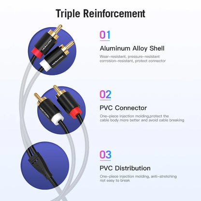 Vention 2RCA to 2RCA Audio Cable Gold-Plated 2RCA Male to Male Aux Cable 1m 2m for TV Amplifier Home Theater Speaker Cable RCA