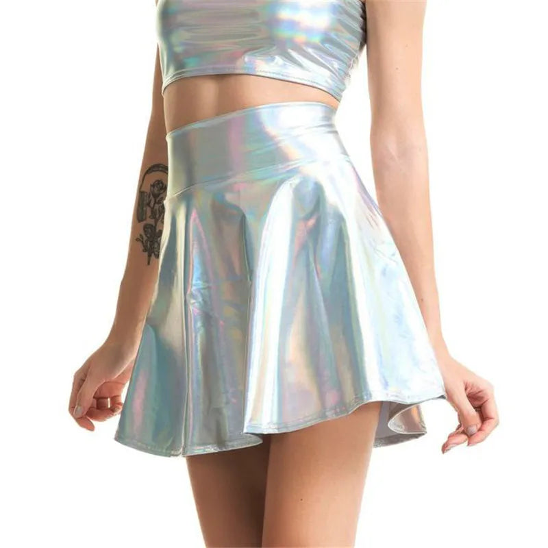 Bling Silver Holographic Women Strapless Tops Mini Skirts Two Piece Set Turtleneck Top Sexy Skirt 2 Pcs Set Summer Streetwear