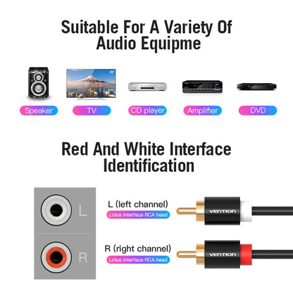 Vention 2RCA to 2RCA Audio Cable Gold-Plated 2RCA Male to Male Aux Cable 1m 2m for TV Amplifier Home Theater Speaker Cable RCA