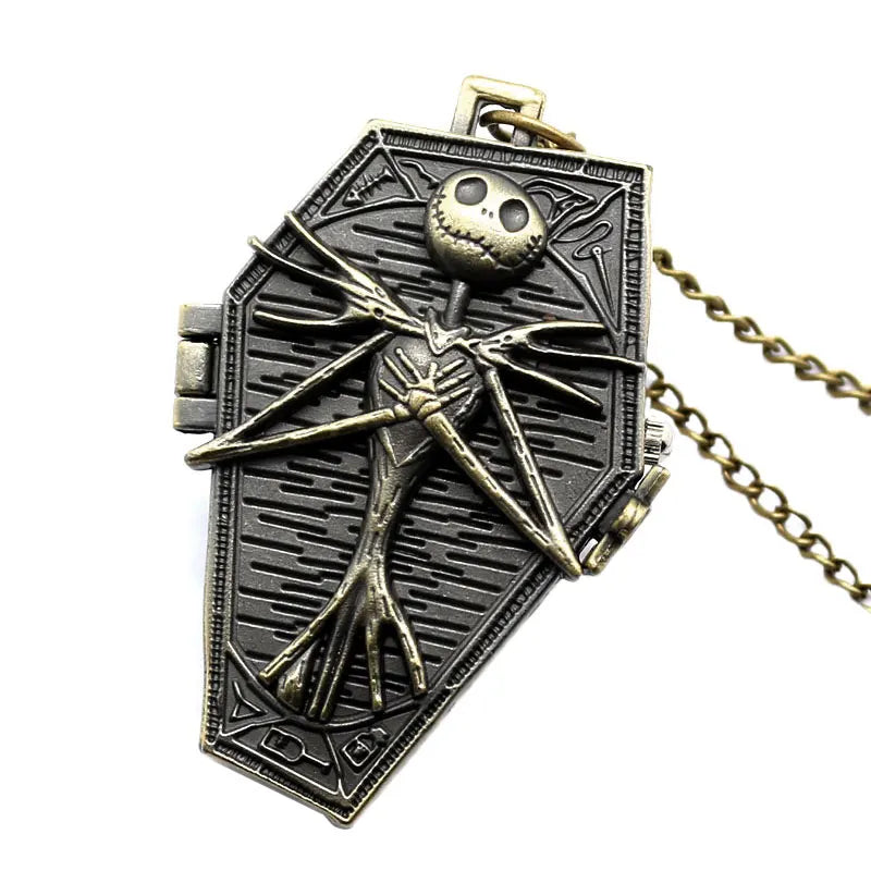 Vintage Gothic Skull Pendant Necklace Chain Quartz Pocket Watch FOB Clock Gifts for Men Women Kids