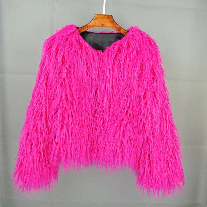 Women's Fur Coat Colorful Furry Pink Lamb Wool Faux Fur Coat Female Shaggy Sheepskin Coat Winter Artificial Fur Jacket