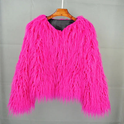 Women's Fur Coat Colorful Furry Pink Lamb Wool Faux Fur Coat Female Shaggy Sheepskin Coat Winter Artificial Fur Jacket