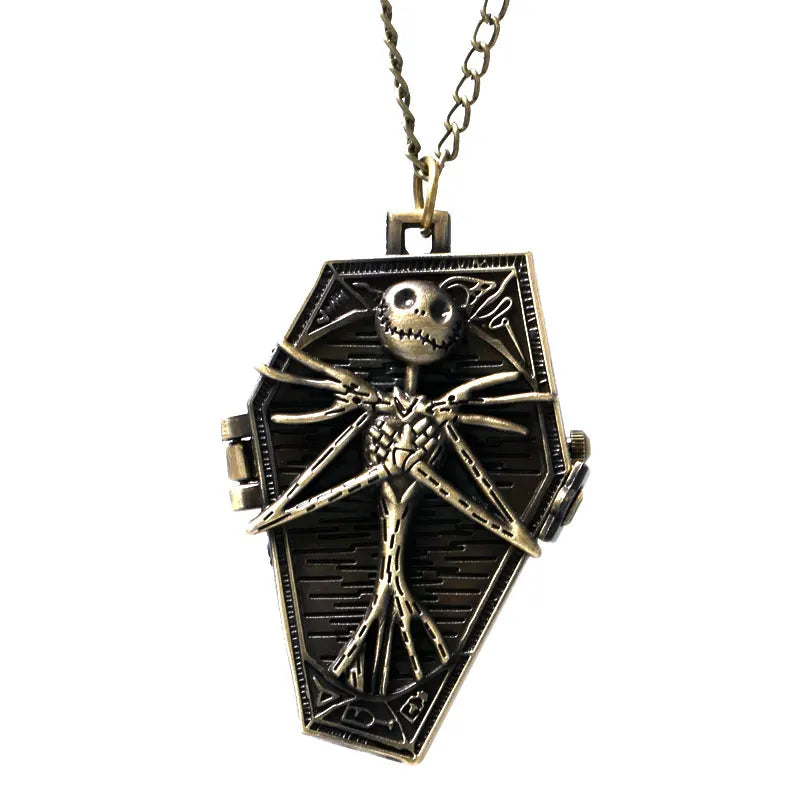 Vintage Gothic Skull Pendant Necklace Chain Quartz Pocket Watch FOB Clock Gifts for Men Women Kids