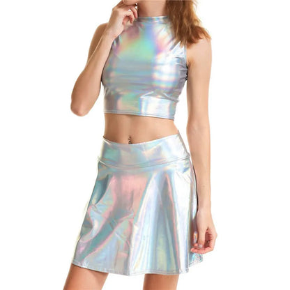 Bling Silver Holographic Women Strapless Tops Mini Skirts Two Piece Set Turtleneck Top Sexy Skirt 2 Pcs Set Summer Streetwear