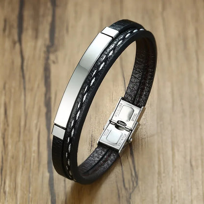 Unique Sew Lines Genuine Leather Bracelets for Men Women Stainless Steel Bar Layered Bangle Causal Pulseira