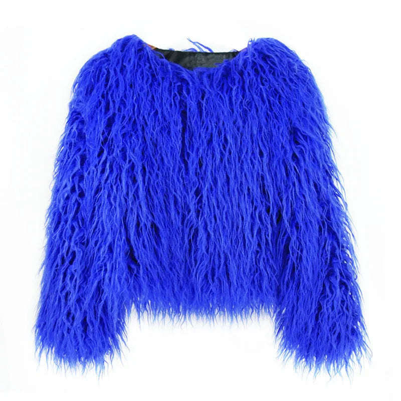 Women's Fur Coat Colorful Furry Pink Lamb Wool Faux Fur Coat Female Shaggy Sheepskin Coat Winter Artificial Fur Jacket