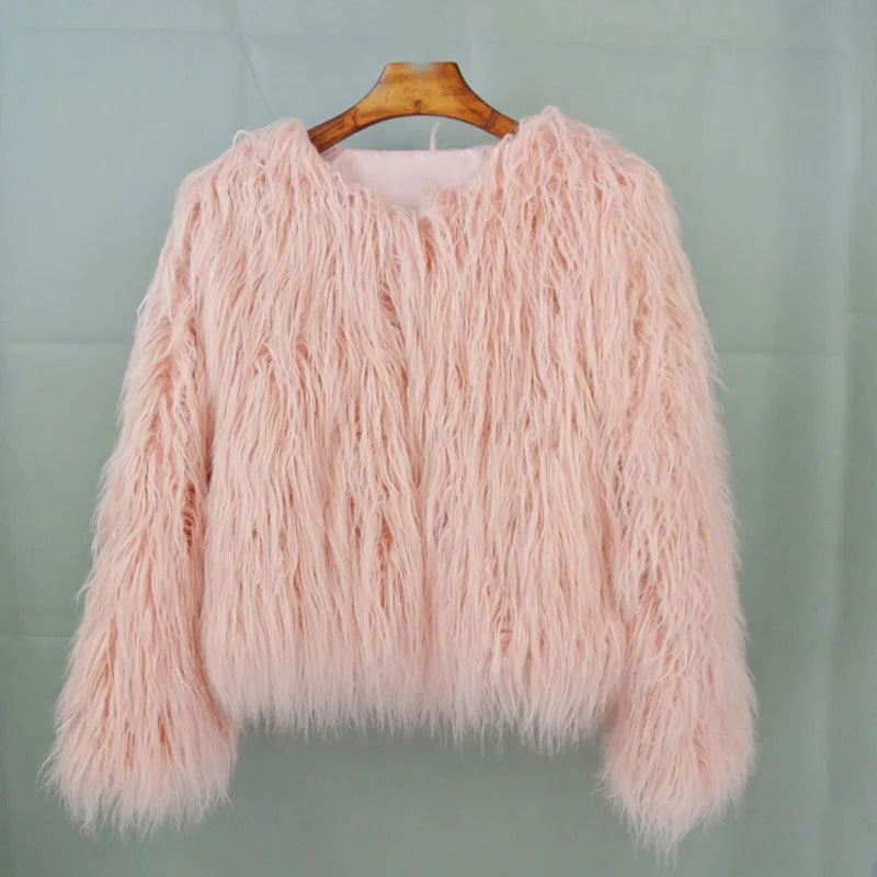 Women's Fur Coat Colorful Furry Pink Lamb Wool Faux Fur Coat Female Shaggy Sheepskin Coat Winter Artificial Fur Jacket