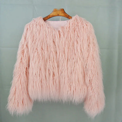 Women's Fur Coat Colorful Furry Pink Lamb Wool Faux Fur Coat Female Shaggy Sheepskin Coat Winter Artificial Fur Jacket