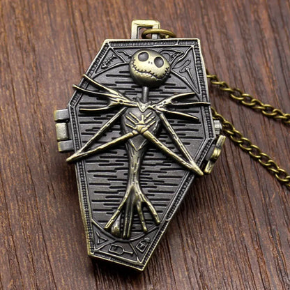 Vintage Gothic Skull Pendant Necklace Chain Quartz Pocket Watch FOB Clock Gifts for Men Women Kids