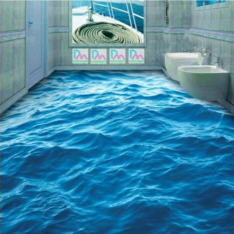 3D ocean waves floor wallpaper in a modern bathroom showcasing a realistic wave design on the floor.