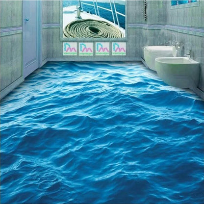 3D ocean waves floor wallpaper in a modern bathroom showcasing a realistic wave design on the floor.