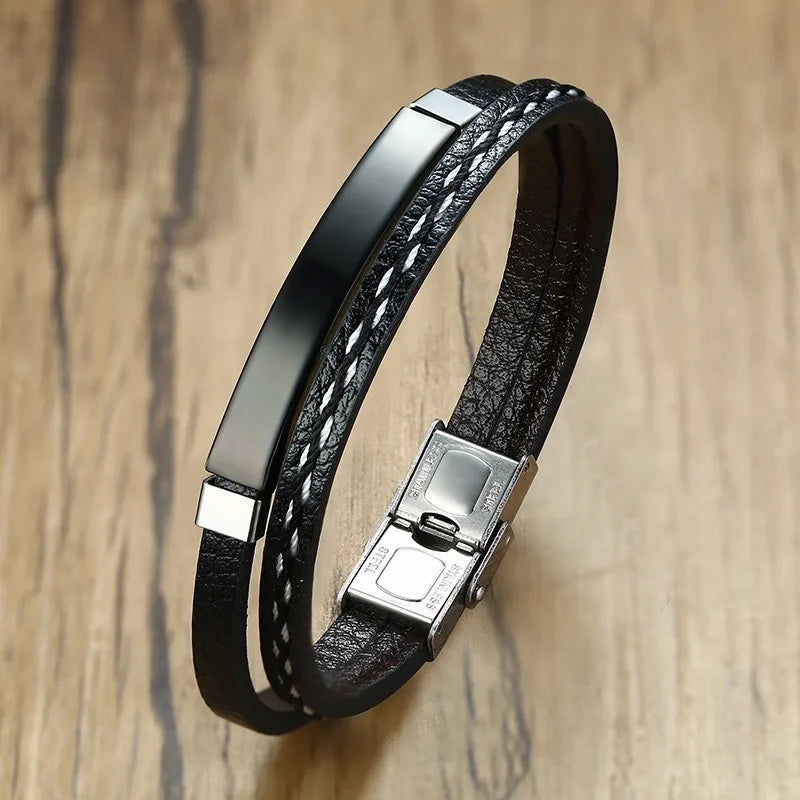 Unique Sew Lines Genuine Leather Bracelets for Men Women Stainless Steel Bar Layered Bangle Causal Pulseira
