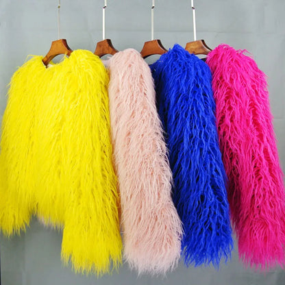 Women's Fur Coat Colorful Furry Pink Lamb Wool Faux Fur Coat Female Shaggy Sheepskin Coat Winter Artificial Fur Jacket