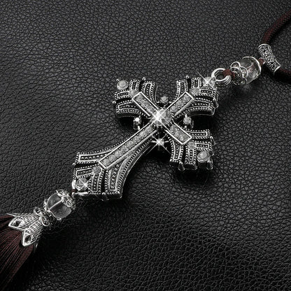 Metal And Crystal Diamond Cross Jesus Christian Car Rear View Mirror Car Pendant Hanging Car Accessories Automobiles Decoration
