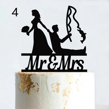 Fishing Style Wedding Cake Topper Funny Mr & Mrs Happy Birthday Hooked For Life Happy Retirement Acrylic Wooden Cake Decoration