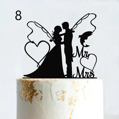 Fishing Style Wedding Cake Topper Funny Mr & Mrs Happy Birthday Hooked For Life Happy Retirement Acrylic Wooden Cake Decoration