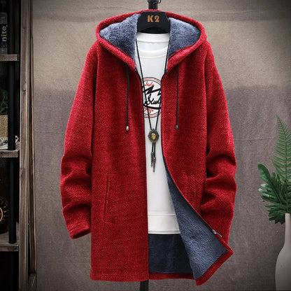 Mens Long Knit Cardigan Autumn Winter Sweater Coat Fleece Heavy Hooded Trench Coat Solid Chenille Men's Fashion Jacket