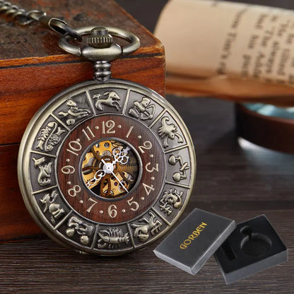 Solid Wood Mechanical Pocket Watch FOB Chain Locket Dial Hollow Steampunk Skeleton Men Women Mens Male Clock Watches Box Package