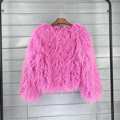 Women's Fur Coat Colorful Furry Pink Lamb Wool Faux Fur Coat Female Shaggy Sheepskin Coat Winter Artificial Fur Jacket