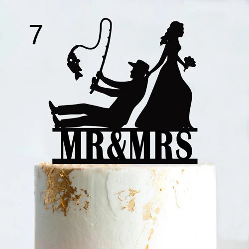 Fishing Style Wedding Cake Topper Funny Mr & Mrs Happy Birthday Hooked For Life Happy Retirement Acrylic Wooden Cake Decoration