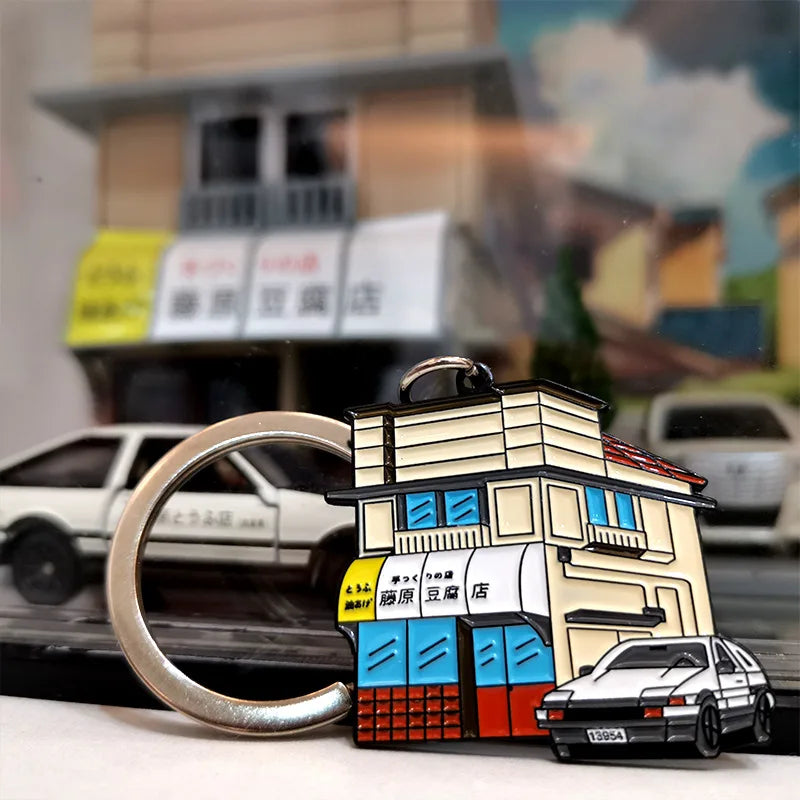 JDM Cultural Style Fujiwara Tofu Shop Keychain Key Ring Anime AE86 Car Modification Pendant Header Car Accessories Decoration