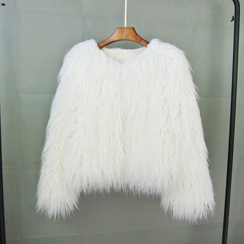 Women's Fur Coat Colorful Furry Pink Lamb Wool Faux Fur Coat Female Shaggy Sheepskin Coat Winter Artificial Fur Jacket