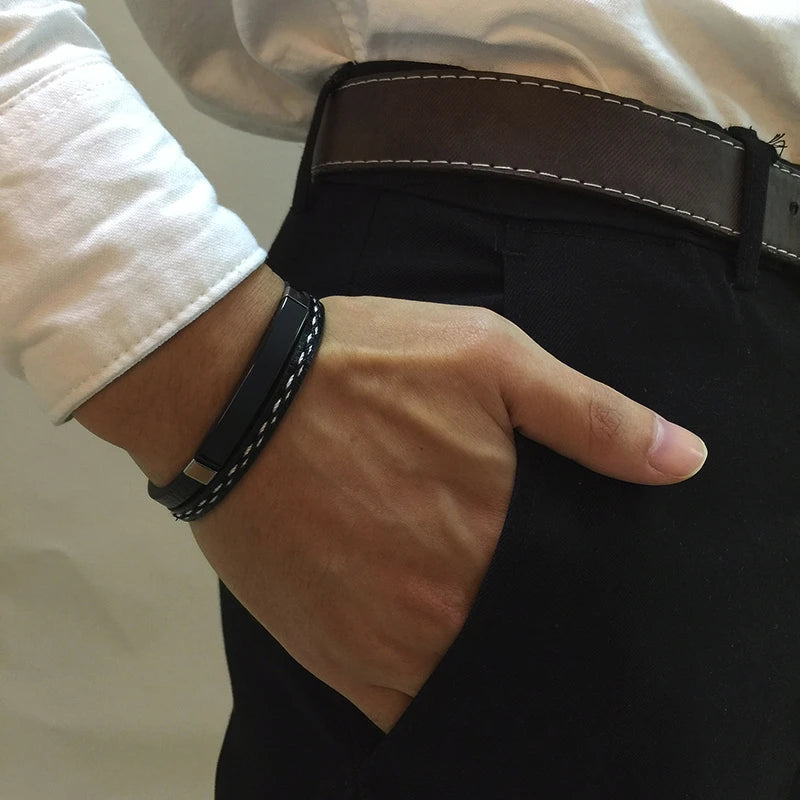 Unique Sew Lines Genuine Leather Bracelets for Men Women Stainless Steel Bar Layered Bangle Causal Pulseira