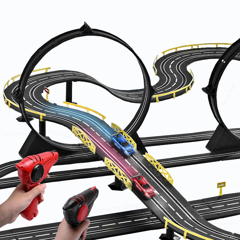 Electric Powered Slot Car Racing Kids Toy Race Track Set Includes 2 Hand Controllers Featuring 1:43 Scale