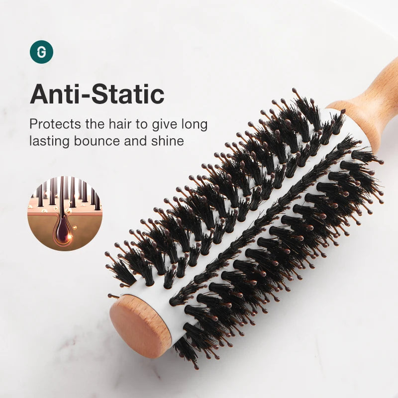 MR.GREEN Boar Bristles Hair Brush Round Styling Curling Roll Hairbrush Natural Wooden Detangling Comb for Long Curly Or Any Type