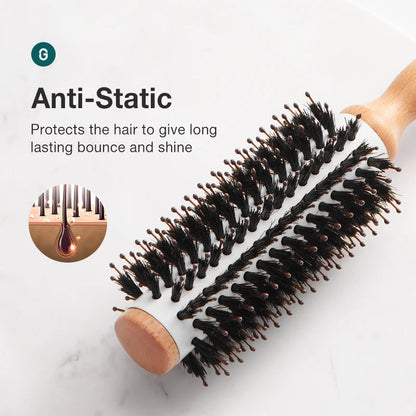 MR.GREEN Boar Bristles Hair Brush Round Styling Curling Roll Hairbrush Natural Wooden Detangling Comb for Long Curly Or Any Type