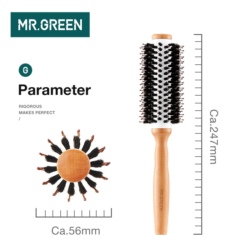 MR.GREEN Boar Bristles Hair Brush Round Styling Curling Roll Hairbrush Natural Wooden Detangling Comb for Long Curly Or Any Type