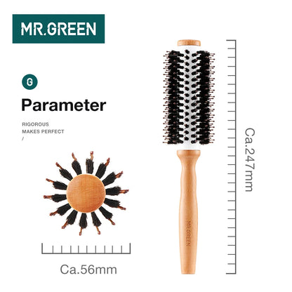 MR.GREEN Boar Bristles Hair Brush Round Styling Curling Roll Hairbrush Natural Wooden Detangling Comb for Long Curly Or Any Type