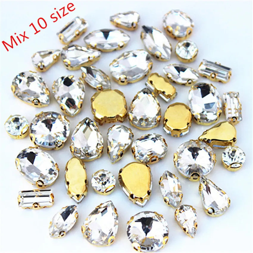 30pcs/Bag High Quality Mixed Gold Bottom Crystal Clear Glass Sew On Claw Rhinestones,DIY Wedding Dress Decoration Accessories
