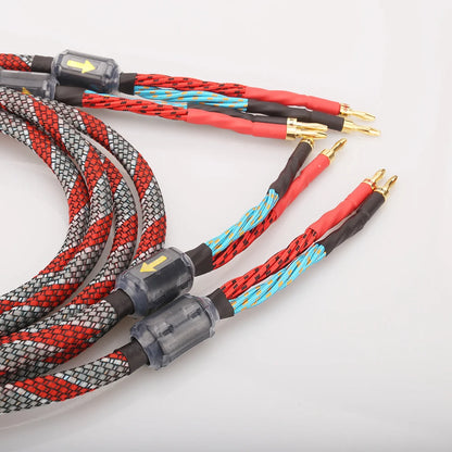 OFC Gold Plated Speaker Cable 1 Pair Banana Spade Plug 1m-5m HiFi Audiophile Braided Loudspeaker Wire for Home Theater Amplifier