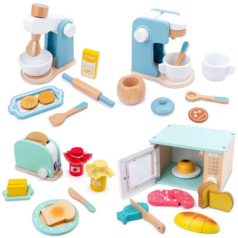 Simulation Wooden Coffee Machine Toaster Machine Food Mixer Wooden Kitchen Pretend Play Toy Baby Early Learning Educational Toys