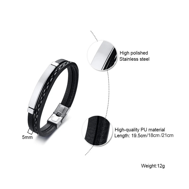 Unique Sew Lines Genuine Leather Bracelets for Men Women Stainless Steel Bar Layered Bangle Causal Pulseira