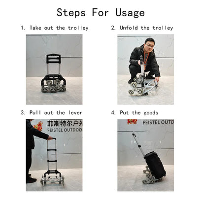 100KG All Terrain Stair Climbing Cart Hand Truck with Bungee Cord Folding Trolley for Upstairs Cargo with 6 Crystal Wheels 트롤리