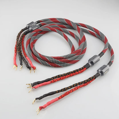 OFC Gold Plated Speaker Cable 1 Pair Banana Spade Plug 1m-5m HiFi Audiophile Braided Loudspeaker Wire for Home Theater Amplifier