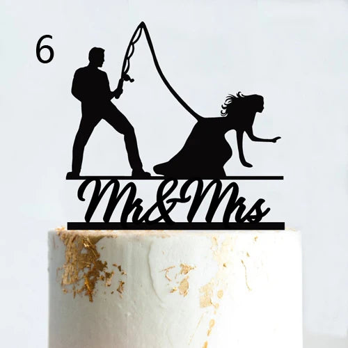 Fishing Style Wedding Cake Topper Funny Mr & Mrs Happy Birthday Hooked For Life Happy Retirement Acrylic Wooden Cake Decoration