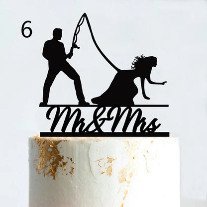 Fishing Style Wedding Cake Topper Funny Mr & Mrs Happy Birthday Hooked For Life Happy Retirement Acrylic Wooden Cake Decoration
