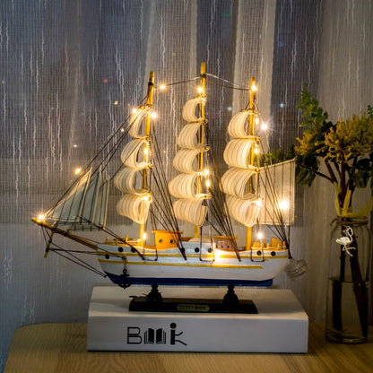 Creative Wooden LED Sailboat Sailing Boat Vessel Model Home Decor Mediterranean Style Home Decoration Decor Accessories Gift