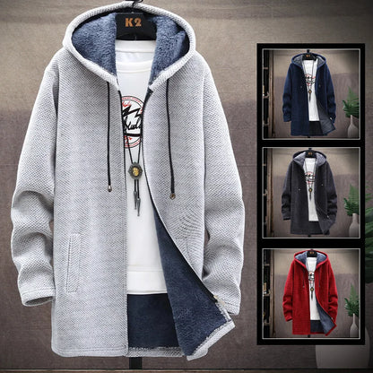 Mens Long Knit Cardigan Autumn Winter Sweater Coat Fleece Heavy Hooded Trench Coat Solid Chenille Men's Fashion Jacket