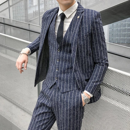 Striped Men's Suit 3-Pieces Blazers+Pant Fashion Korean Slim Fit Casual Men's Tuxedo Wedding Men Suits Groom Suit Men's Business