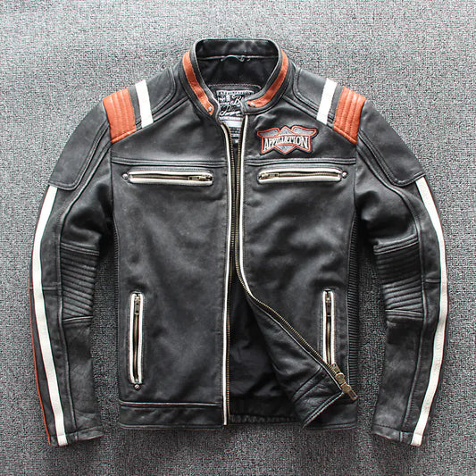 Top Layer Cowhide Slim Fit Embroidered Motorcycle Jacket
