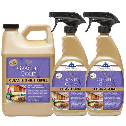 Granite Gold Clean and Shine Spray for Granite Marble & Other Natural Stone & Quartz Surfaces 1 x 64 Fl. Oz. & 2 x 24 Fl. Oz. 3-Pack
