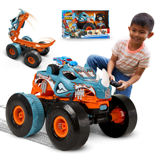 Hot Wheels Monster Trucks RC Toy Remote-Control Transforming Rhinomite in 1:12 Scale & 1:64 Scale Race Ace Converts into Launcher Connects to Track