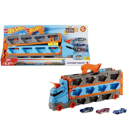 Hot Wheels - Speedway Hauler Storage Carrier with 3 1:64 Scale Cars & Convertible 6-Foot Drag Race Track for Kids 4 to 8 Years Old Stores 20+ Cars & Connects to Other Playsets HGH33